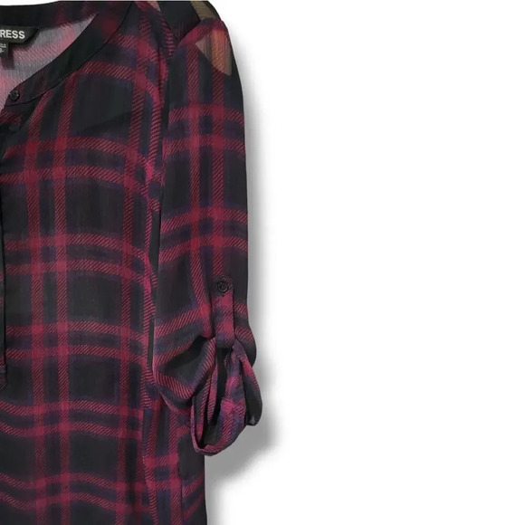 Express women's Burgundy plaid roll up sleeves semi-sheer Blouse  - small - Picture 4 of 8